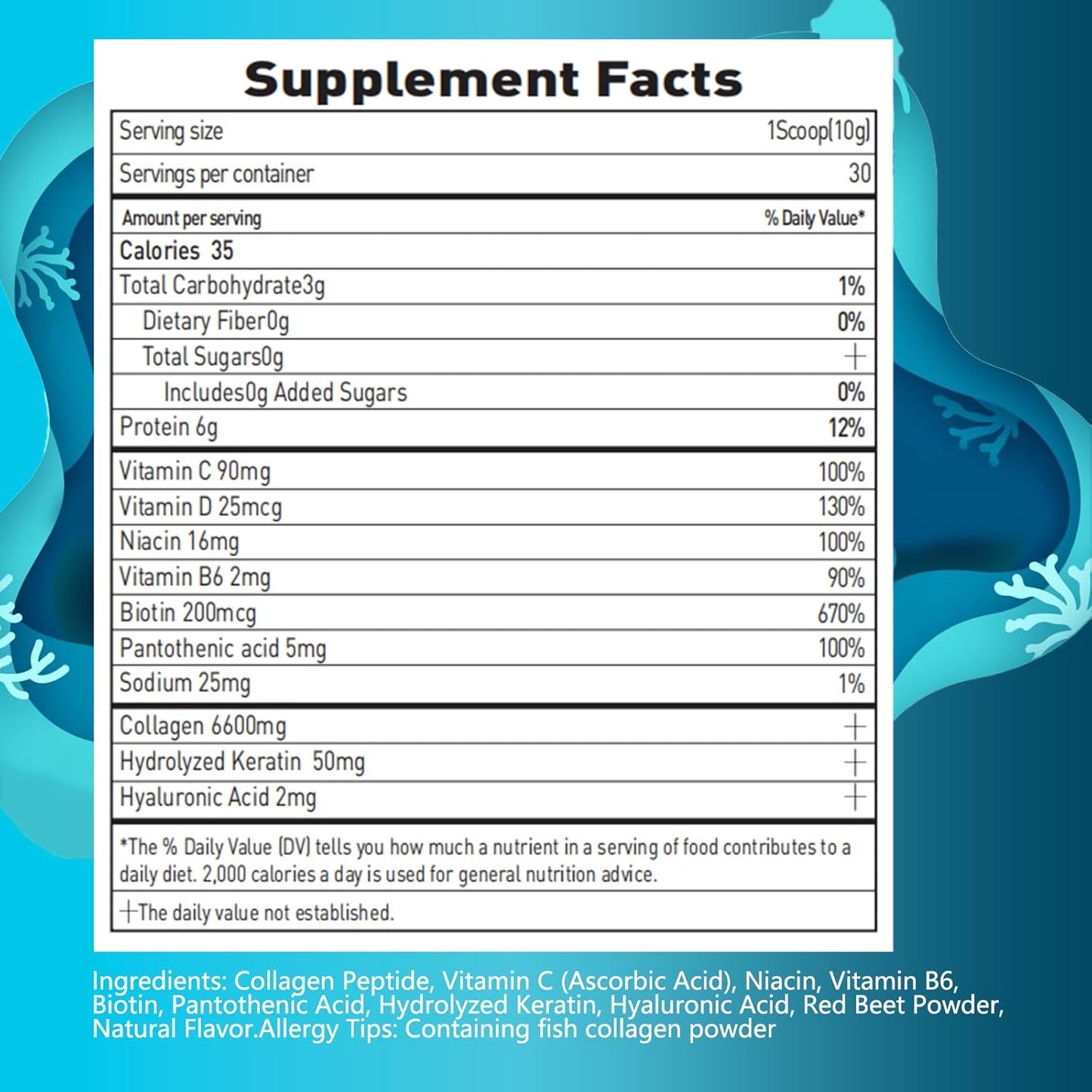 Marine Collagen Peptides Powder with Hyaluronic Acid, Biotin, and Vitamin C - Instant Dissolving Formula for Healthy Hair, Skin, and Nails - Men and Women's Supplement