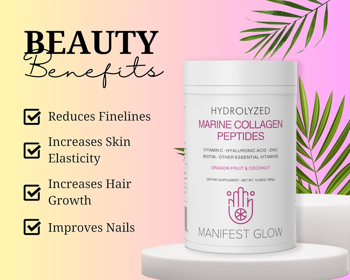 Marine Collagen Peptides with Dragon Fruit, Coconut Water, Pineapple - Vitamins & Minerals for Hair, Skin, Nails, Joints - 30 Servings