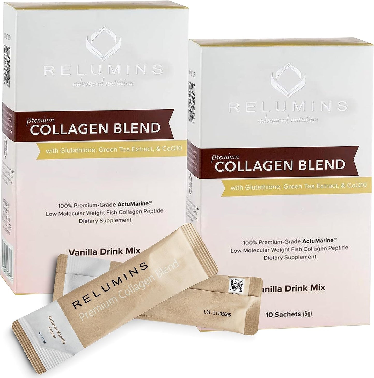 Marine Collagen Powder Drink Mix with Glutathione, Green Tea, CoQ10, Hyaluronic Acid - Smooth Glowing Skin - 20 Vanilla Sachets + 2 Free
