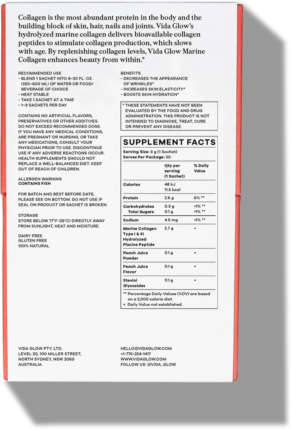 Marine Collagen Powder for Anti-Aging & Healthy Hair, Skin, Nails - Peach Flavor | 30 Servings