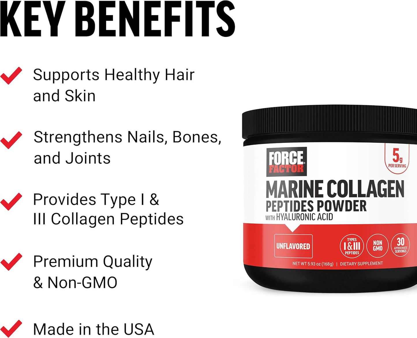 Marine Collagen Powder with Hyaluronic Acid for Hair, Skin, Nails, Bones & Joints - Unflavored, 30 Servings