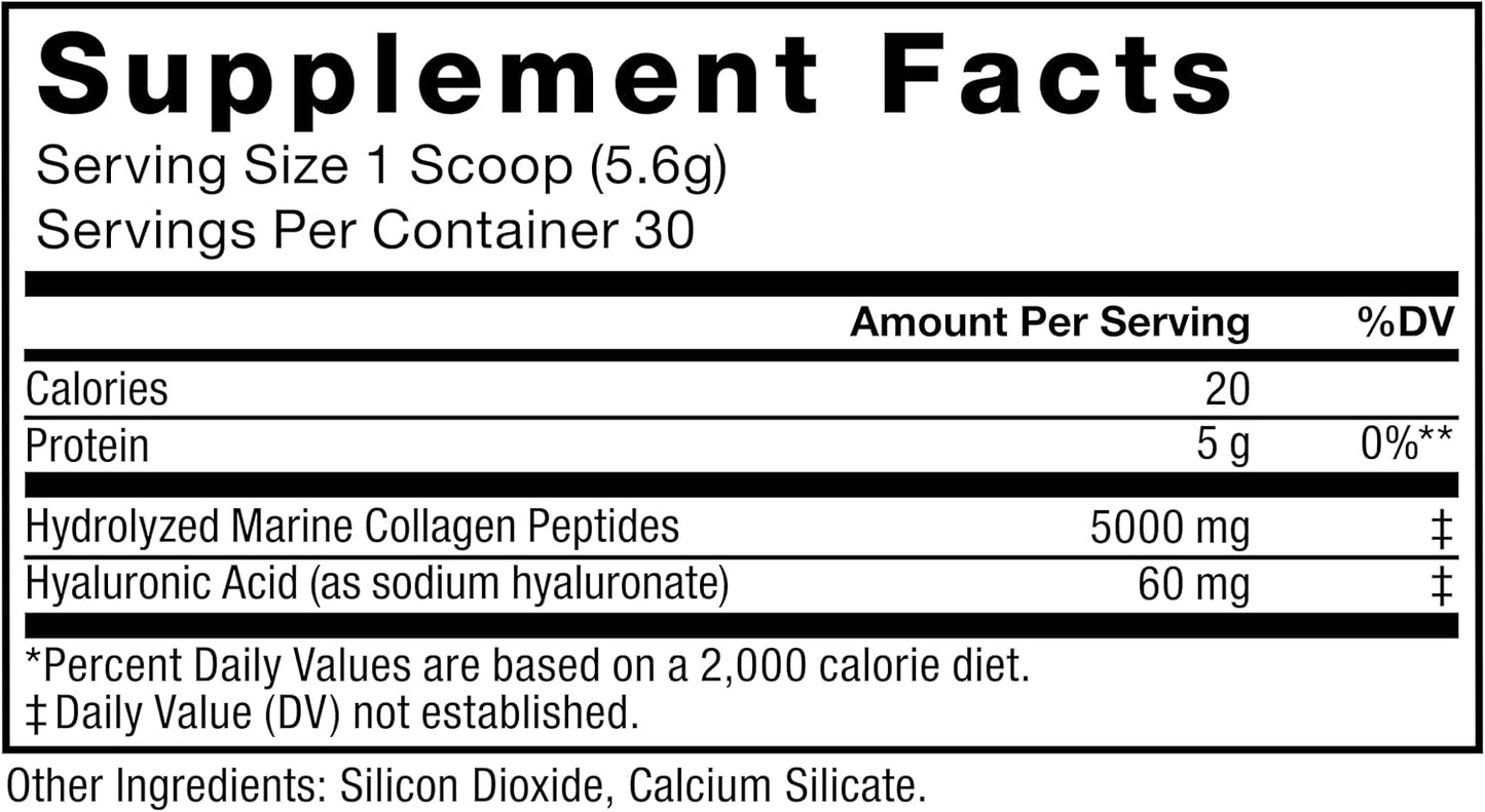 Marine Collagen Powder with Hyaluronic Acid for Hair, Skin, Nails, Bones & Joints - Unflavored, 30 Servings