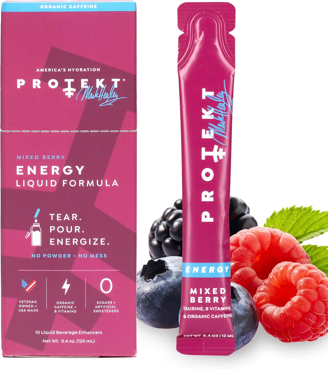 Mark Healey Protekt Zero Sugar Energy Drink Pack - Keto Natural Mix with Liquid Vitamin B and Organic Caffeine Blend - On-the-Go Liquid Packets, Mixed Berry Flavor - Pack of 10 - BoostGo Australia