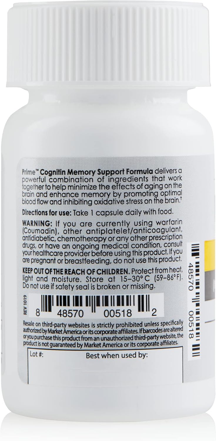 Market America PRIME Cognitin Memory Support Formula - Enhances Memory, Promotes Brain Health, Boosts Cognitive Function - 30 Servings