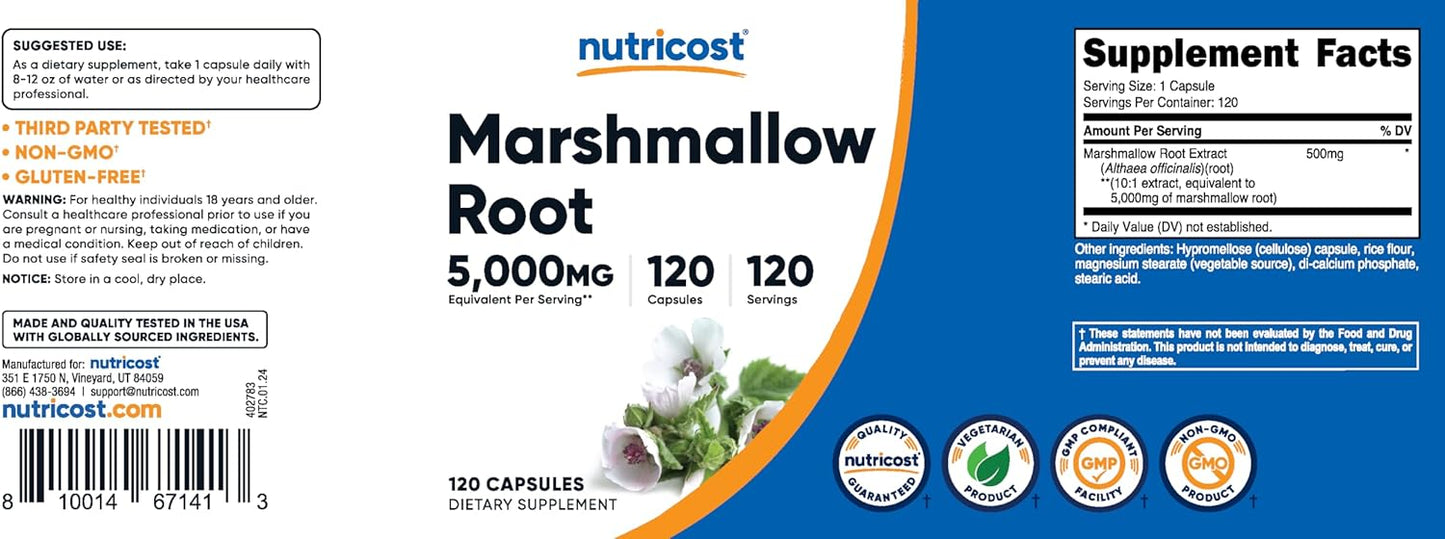 Marshmallow Root Extract Capsules - 120 Count, 5000mg Equivalent, Vegetarian, Gluten Free & Non-GMO