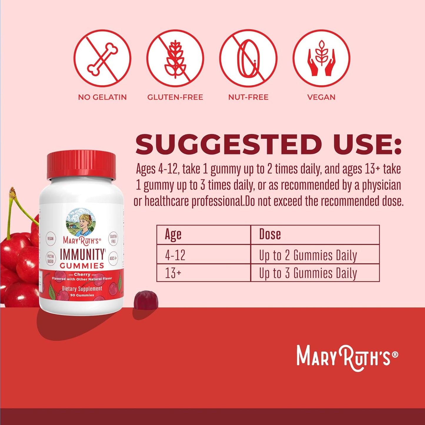 MaryRuth Organics Elderberry Immunity Gummies for Kids & Adults - Cherry Flavored Vegan Pectin Gummies - 90 Count