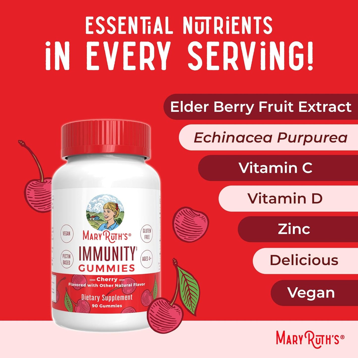 MaryRuth Organics Elderberry Immunity Gummies for Kids & Adults - Cherry Flavored Vegan Pectin Gummies - 90 Count