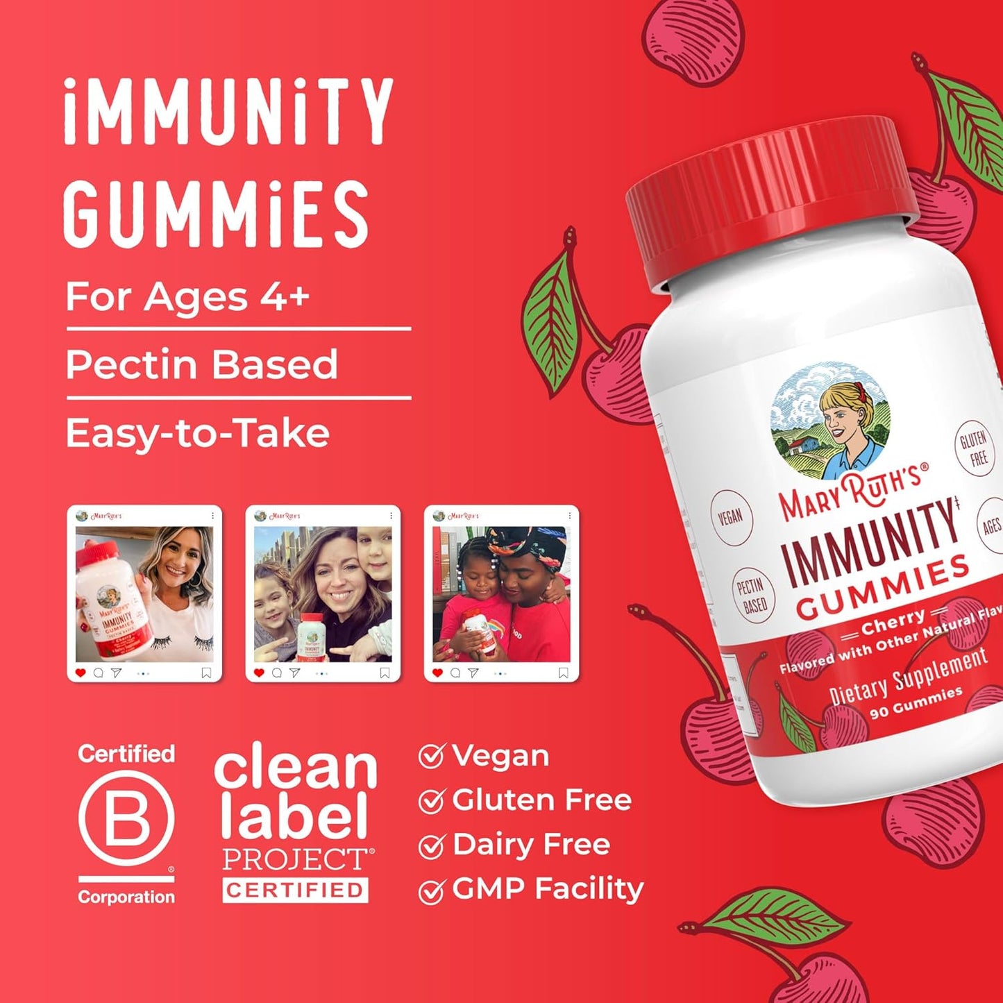 MaryRuth Organics Elderberry Immunity Gummies for Kids & Adults - Cherry Flavored Vegan Pectin Gummies - 90 Count