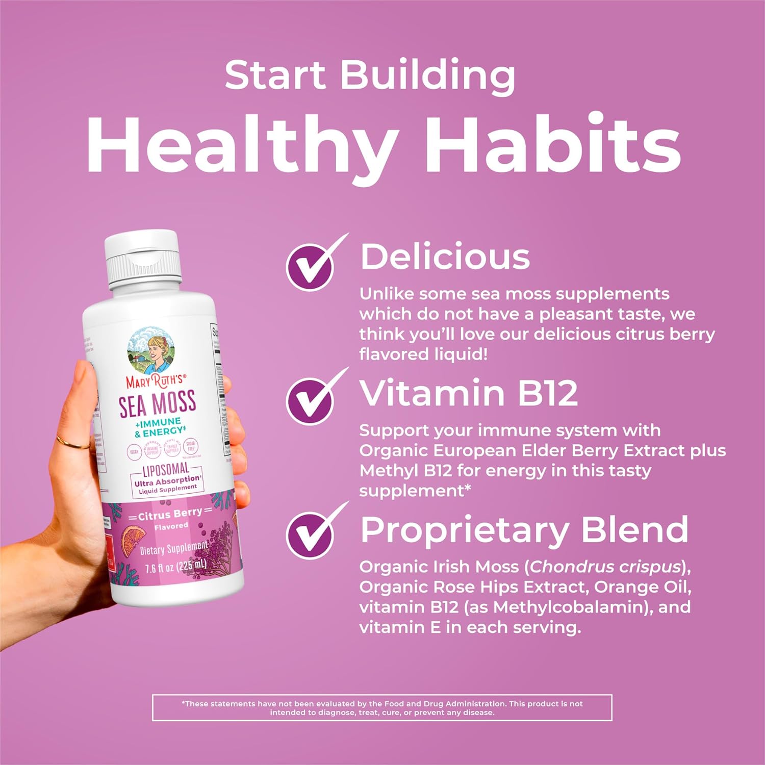 MaryRuth Organics Irish Sea Moss Immune Support Supplement with Liposomal Vitamin B12, Vitamin E, Elderberry, Rose Hip Oil, and Orange Oil - Vegan and Sugar Free - 7.6 oz