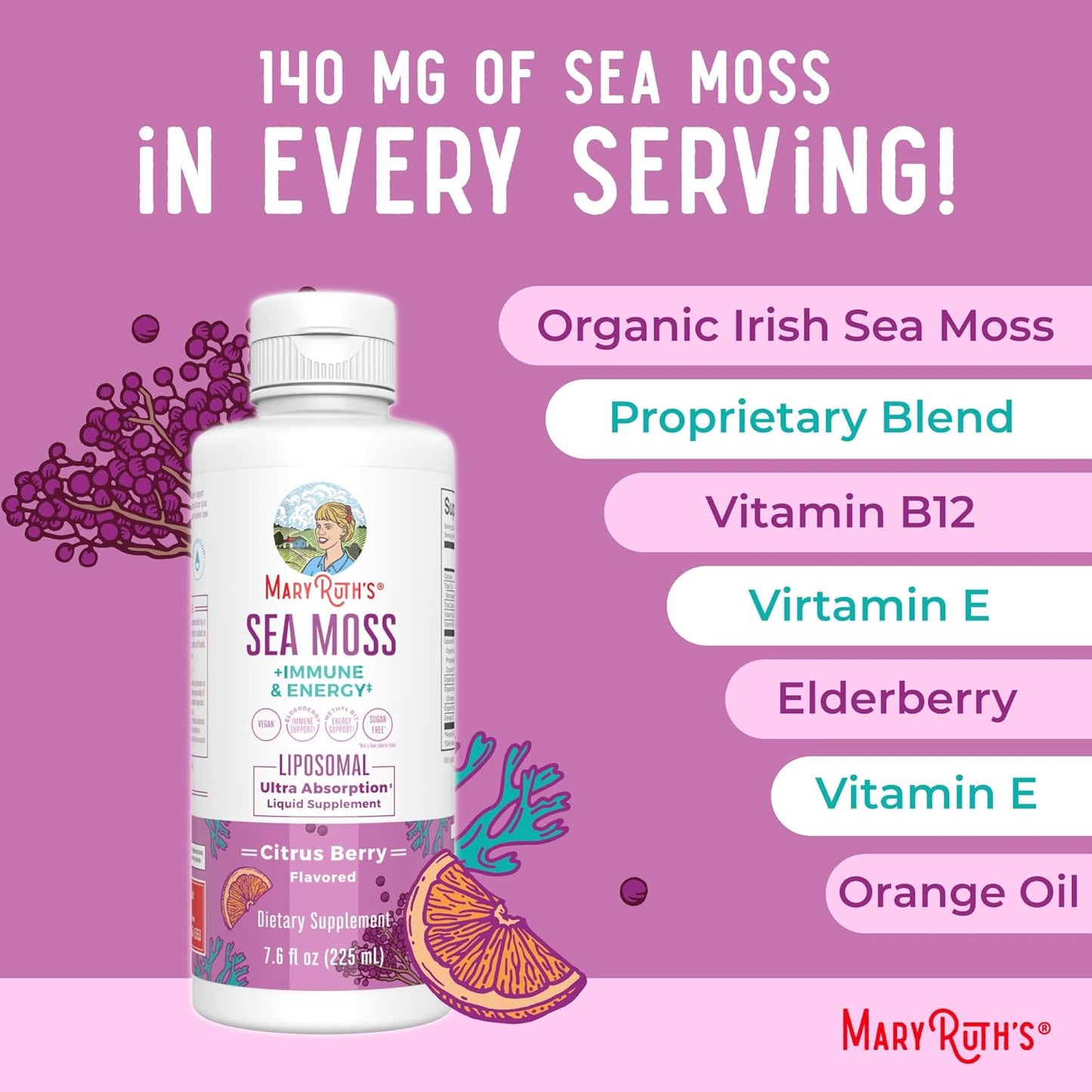 MaryRuth Organics Irish Sea Moss Immune Support Supplement with Liposomal Vitamin B12, Vitamin E, Elderberry, Rose Hip Oil, and Orange Oil - Vegan and Sugar Free - 7.6 oz