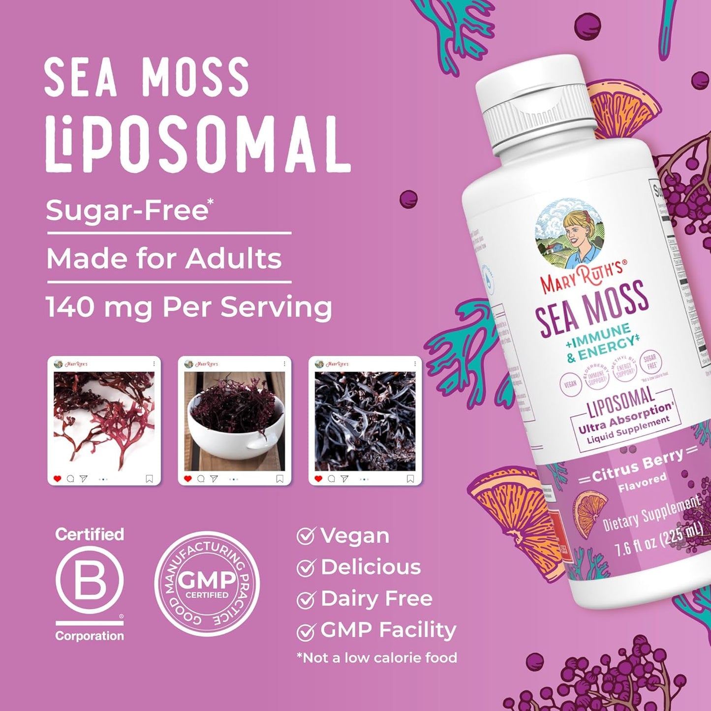 MaryRuth Organics Irish Sea Moss Immune Support Supplement with Liposomal Vitamin B12, Vitamin E, Elderberry, Rose Hip Oil, and Orange Oil - Vegan and Sugar Free - 7.6 oz