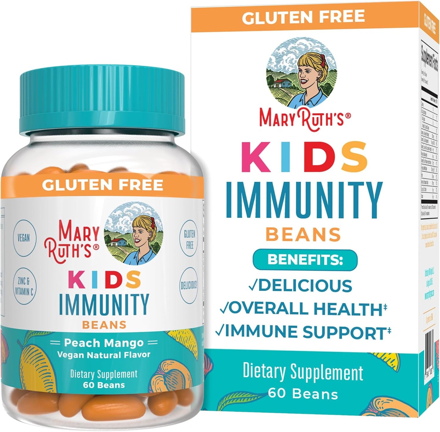 MaryRuth Organics Kids Immunity Beans with Vitamin C and Zinc - Immune Support Supplement for Kids 4+ - Peach Mango Flavor - Vegan, Non-GMO, Gluten Free - 60 Count