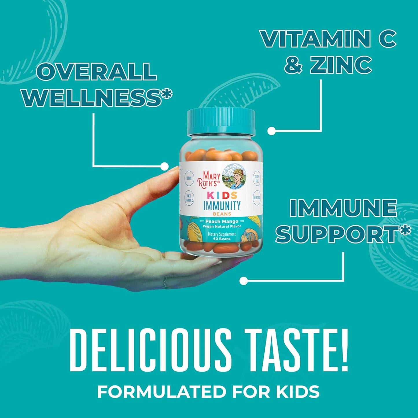MaryRuth Organics Kids Immunity Beans with Vitamin C and Zinc - Immune Support Supplement for Kids 4+ - Peach Mango Flavor - Vegan, Non-GMO, Gluten Free - 60 Count