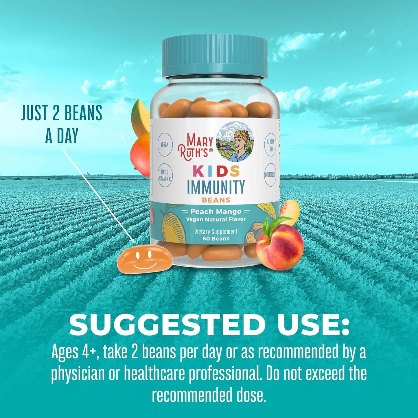 MaryRuth Organics Kids Immunity Beans with Vitamin C and Zinc - Immune Support Supplement for Kids 4+ - Peach Mango Flavor - Vegan, Non-GMO, Gluten Free - 60 Count
