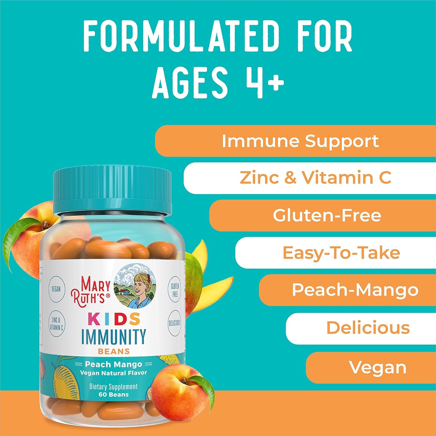 MaryRuth Organics Kids Immunity Beans with Vitamin C and Zinc - Immune Support Supplement for Kids 4+ - Peach Mango Flavor - Vegan, Non-GMO, Gluten Free - 60 Count