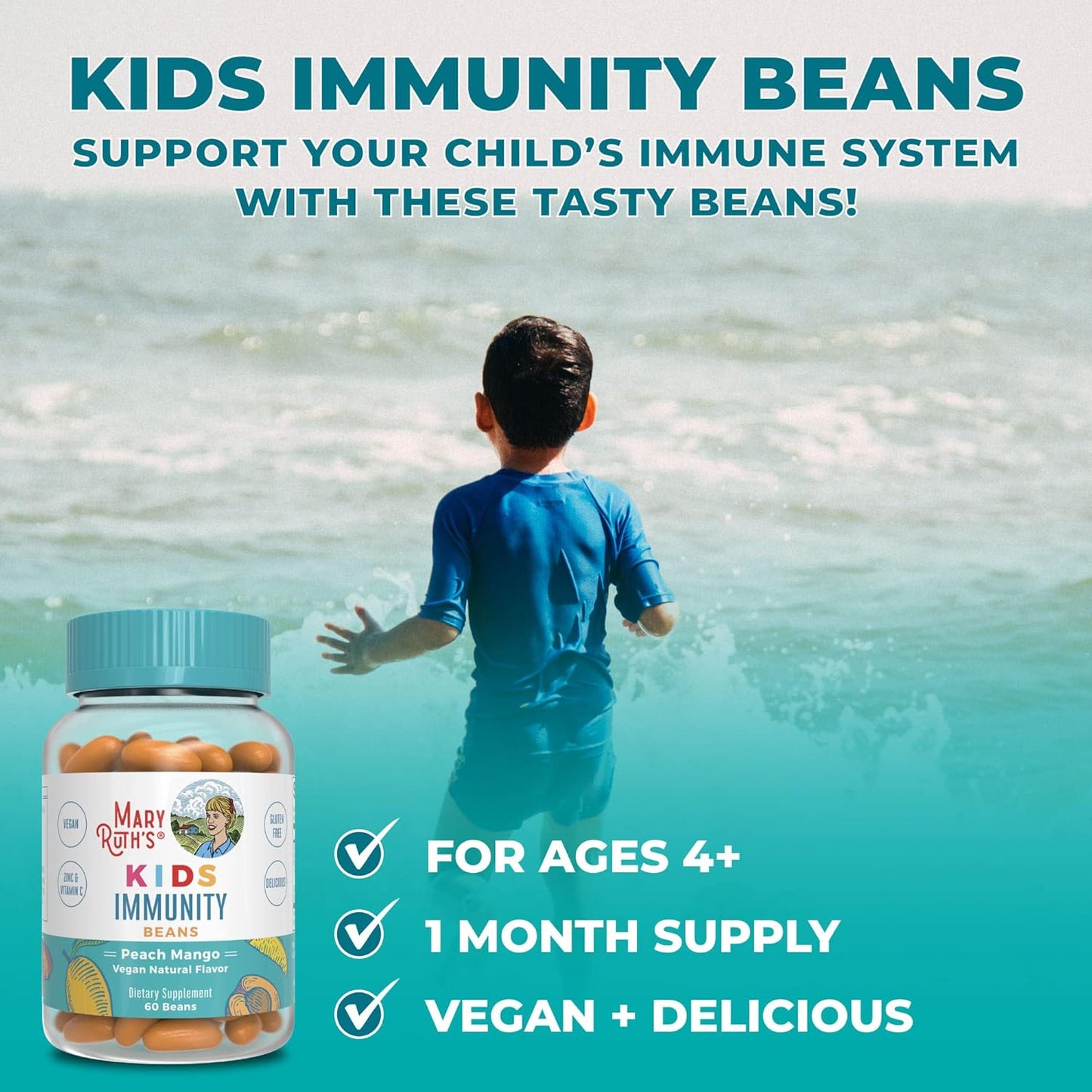 MaryRuth Organics Kids Immunity Beans with Vitamin C and Zinc - Immune Support Supplement for Kids 4+ - Peach Mango Flavor - Vegan, Non-GMO, Gluten Free - 60 Count