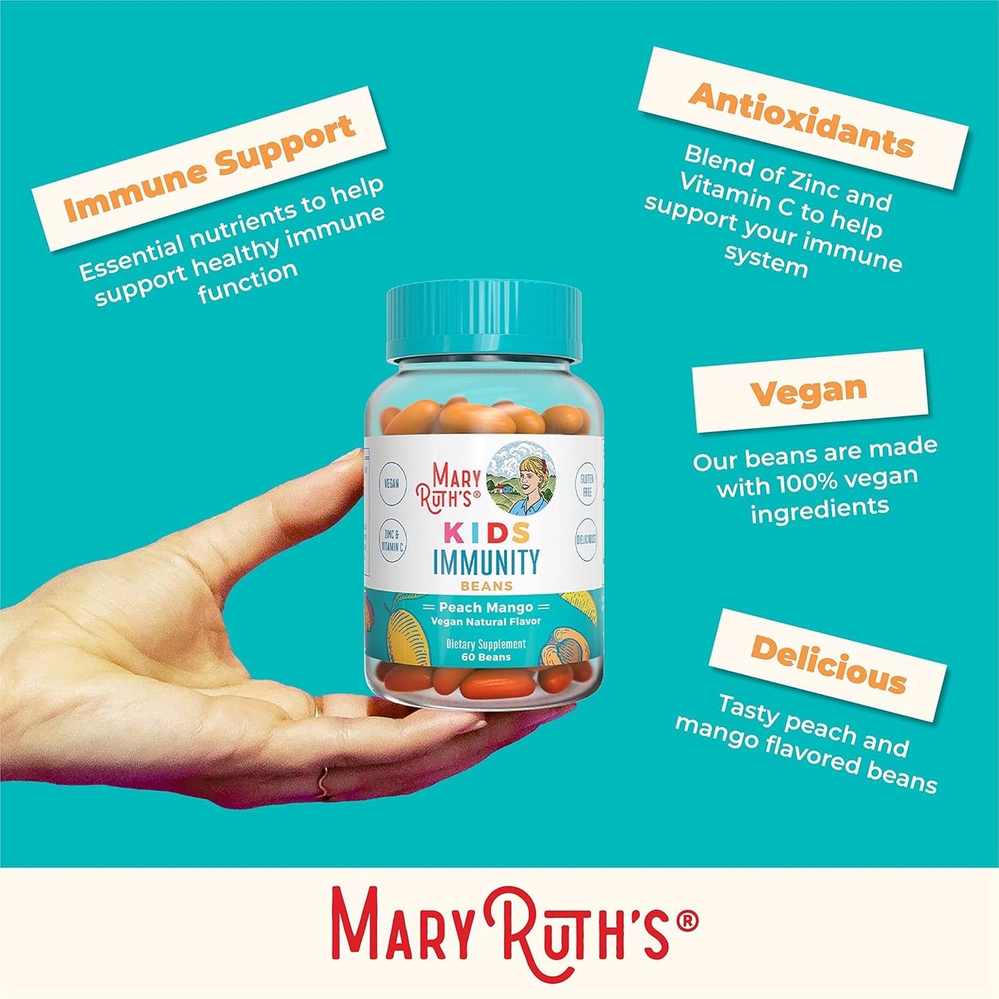MaryRuth Organics Kids Immunity Beans with Vitamin C and Zinc - Immune Support Supplement for Kids 4+ - Peach Mango Flavor - Vegan, Non-GMO, Gluten Free - 60 Count