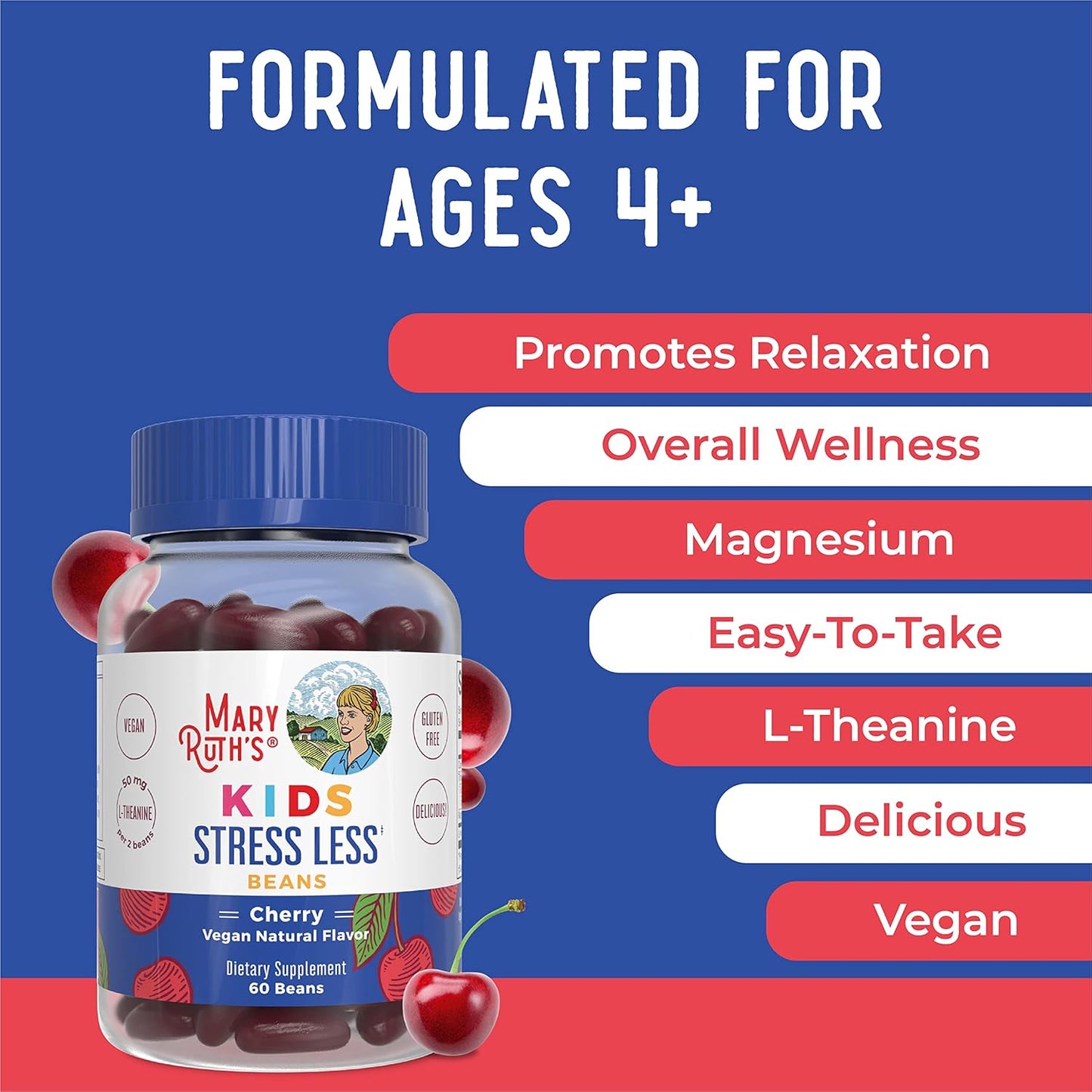 MaryRuth Organics Kids Magnesium Citrate Vita-Beans - 1 Month Supply - Calm Magnesium with L-Theanine - Vegan & Non-GMO - 60 Count