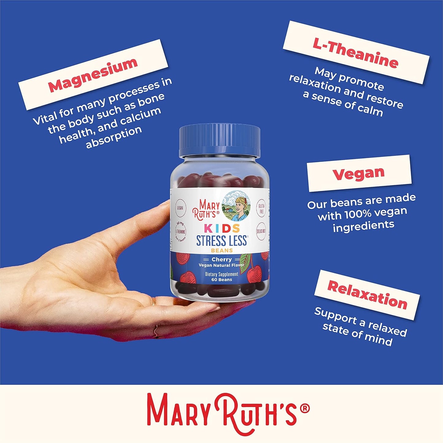 MaryRuth Organics Kids Magnesium Citrate Vita-Beans - 1 Month Supply - Calm Magnesium with L-Theanine - Vegan & Non-GMO - 60 Count