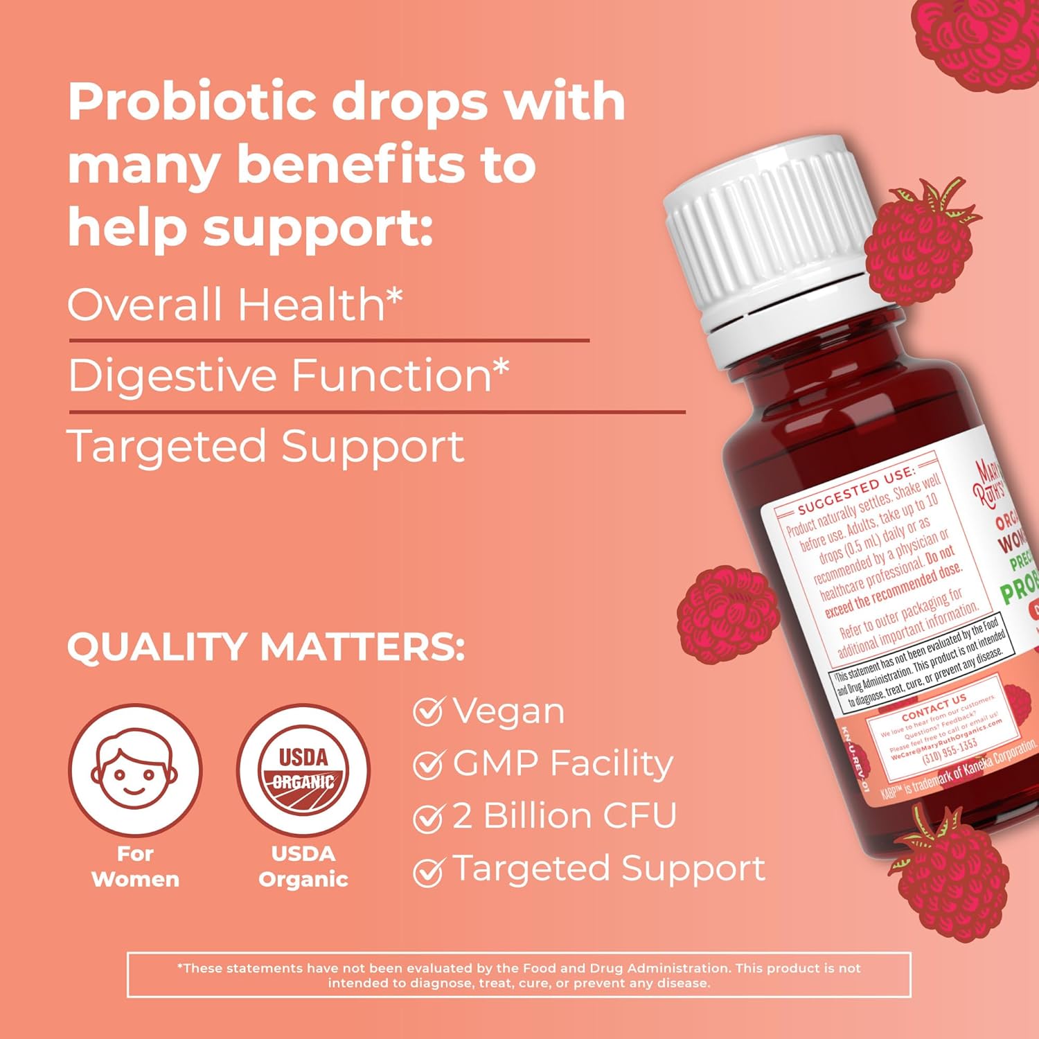 MaryRuth Organics Precision Probiotic & B Complex Drops for Women - Raspberry & Cherry | Organic Vitamins for Gut Health & Immunity | Vegan, Non-GMO, Gluten Free