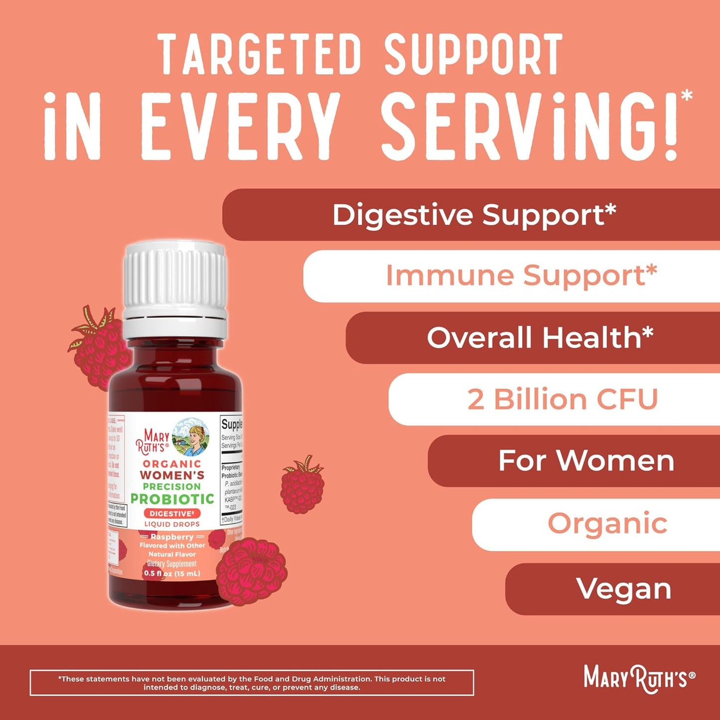 MaryRuth Organics Precision Probiotic & B Complex Drops for Women - Raspberry & Cherry | Organic Vitamins for Gut Health & Immunity | Vegan, Non-GMO, Gluten Free