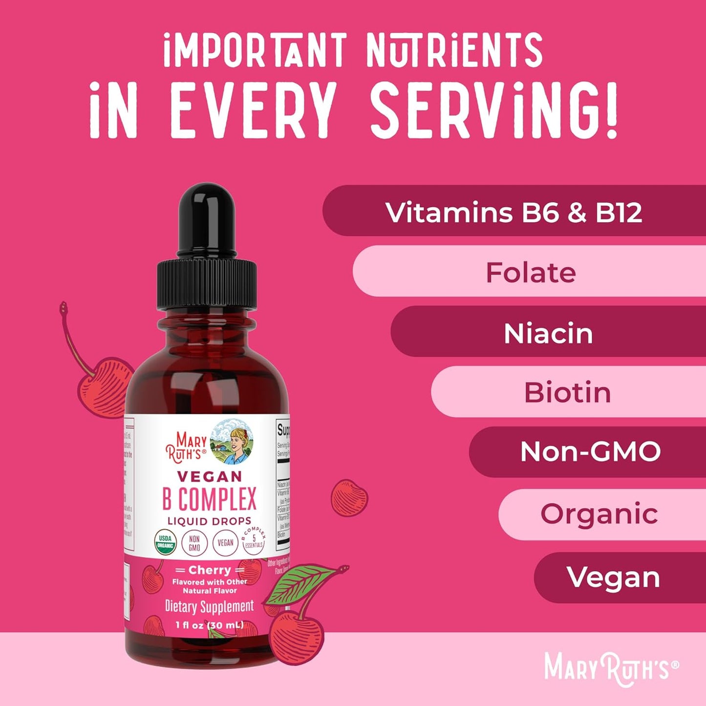 MaryRuth Organics Precision Probiotic & B Complex Drops for Women - Raspberry & Cherry | Organic Vitamins for Gut Health & Immunity | Vegan, Non-GMO, Gluten Free