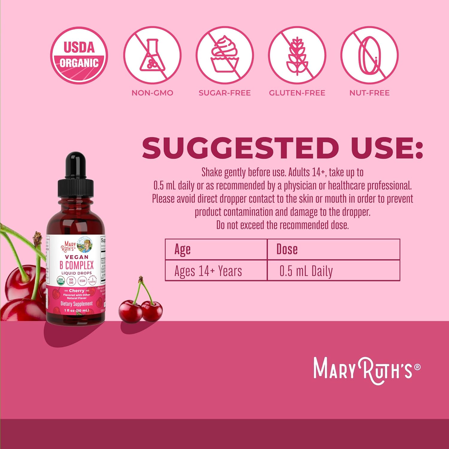 MaryRuth Organics Precision Probiotic & B Complex Drops for Women - Raspberry & Cherry | Organic Vitamins for Gut Health & Immunity | Vegan, Non-GMO, Gluten Free