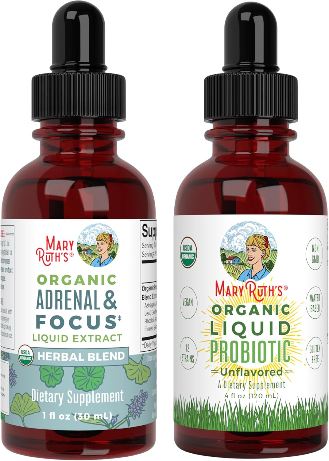 MaryRuth Organics Probiotic & Adrenal Health Bundle - Digestive Support, Stress Relief, Focus Nootropic - Men, Women, Kids - 2 Pack