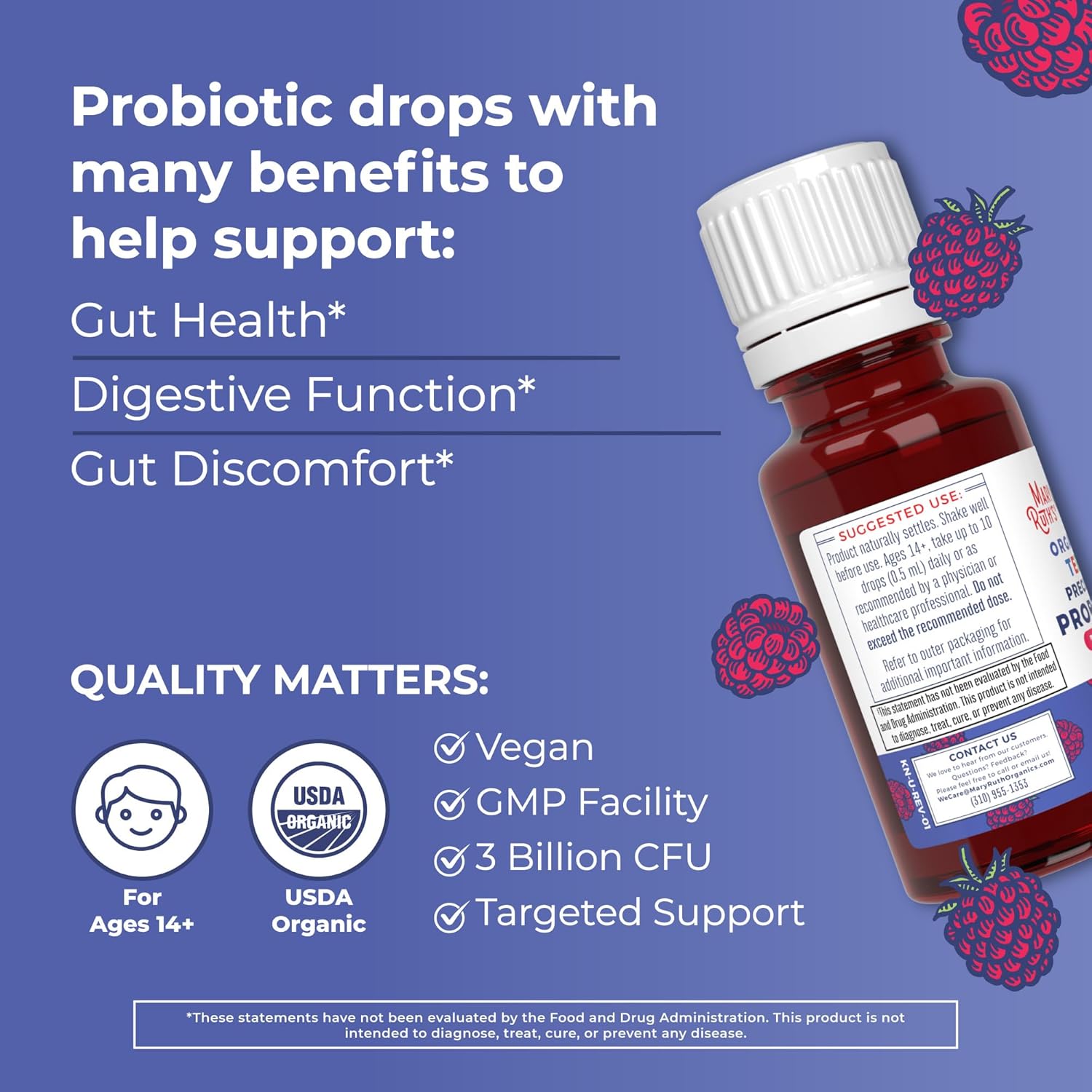 MaryRuth Organics Teen Precision Probiotic & Zinc Drops - Raspberry Flavor | Clean Label Project Verified® | Gut Health, Immune Support, Wellness Vitamins | Vegan, Non-GMO, Gluten Free