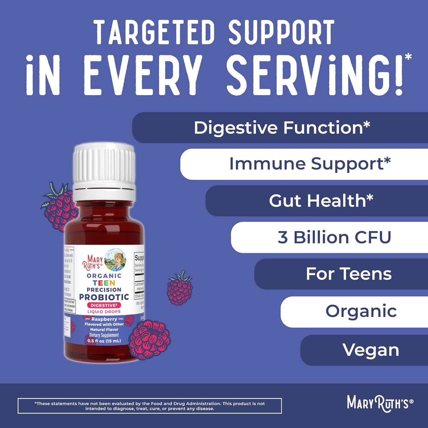 MaryRuth Organics Teen Precision Probiotic & Zinc Drops - Raspberry Flavor | Clean Label Project Verified® | Gut Health, Immune Support, Wellness Vitamins | Vegan, Non-GMO, Gluten Free