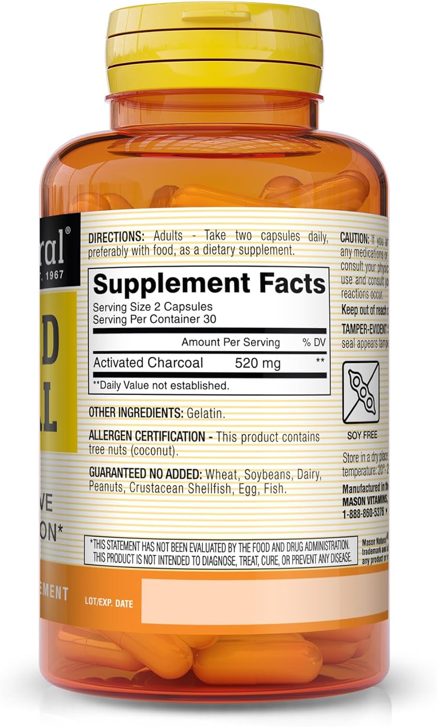 MASON NATURAL Activated Charcoal Capsules - Relieves Gas, Bloating, and Supports Detox - Highly Absorbent Supplement, 180 Capsules