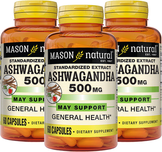 MASON NATURAL Ashwagandha 500mg Herbal Supplement - Stress & Energy Support - 180 Capsules