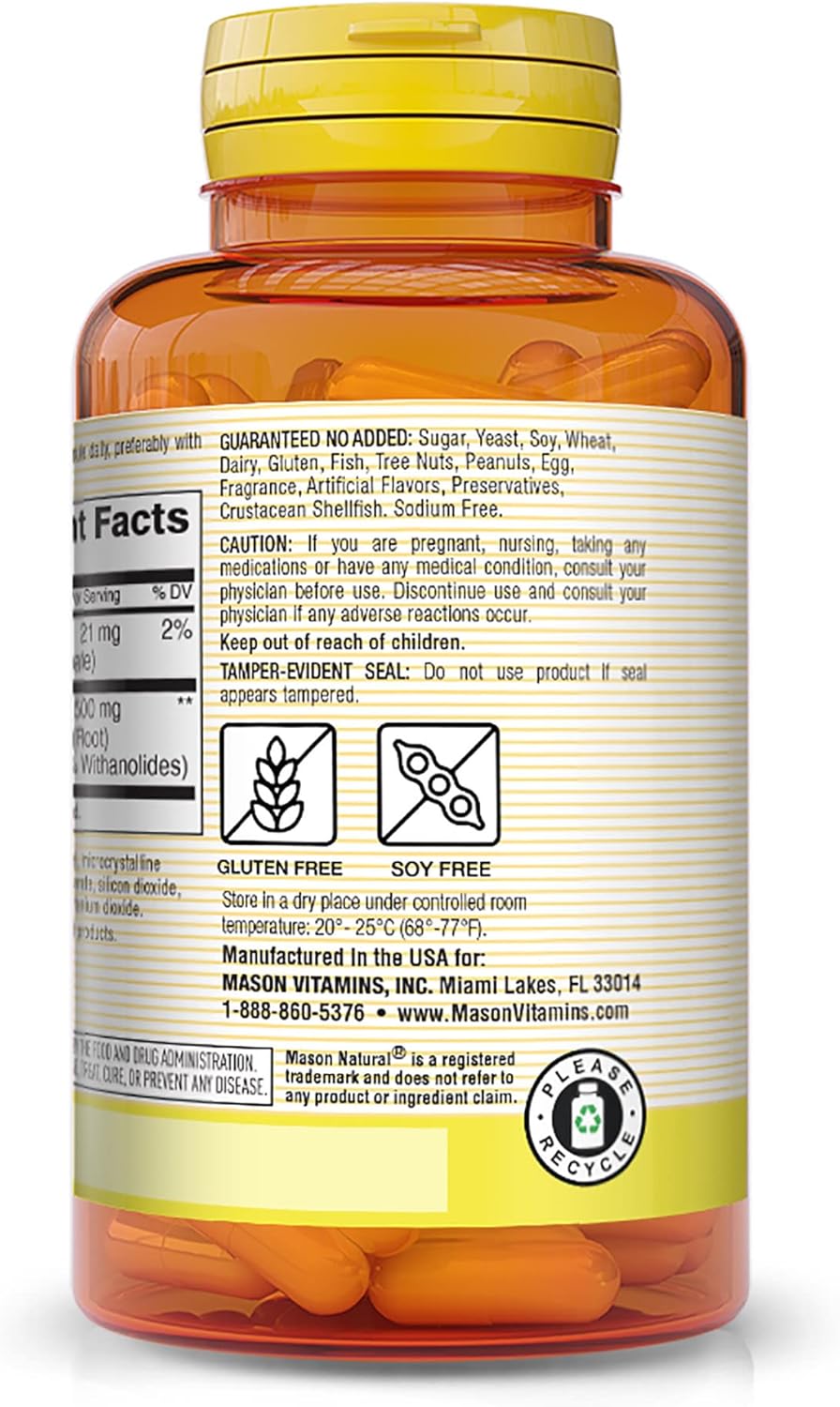 MASON NATURAL Ashwagandha 500mg Herbal Supplement - Stress & Energy Support - 180 Capsules