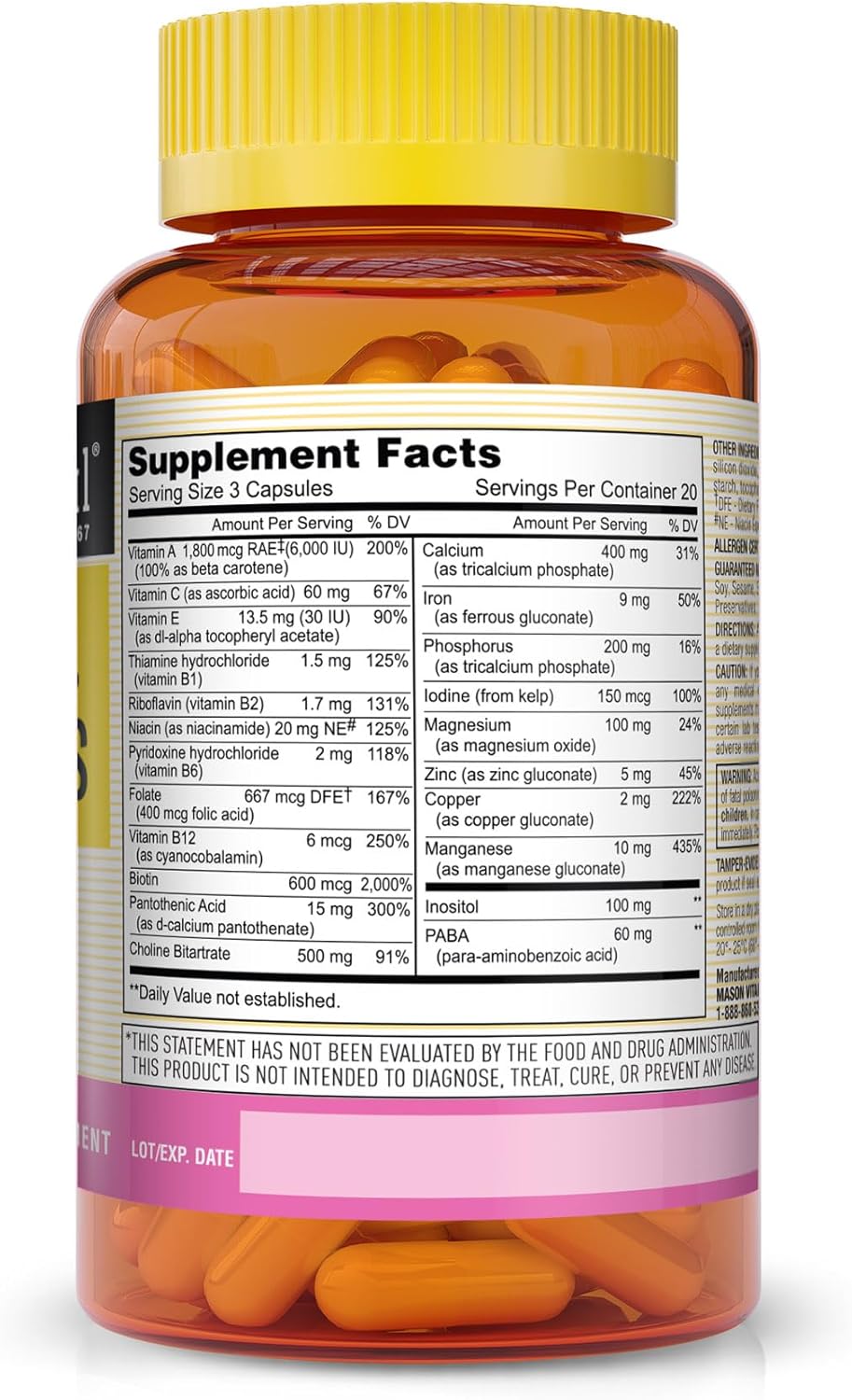 MASON NATURAL Body, Hair, Skin & Nails Support Supplement with Vitamins A, C, E & Biotin, 60 Capsules