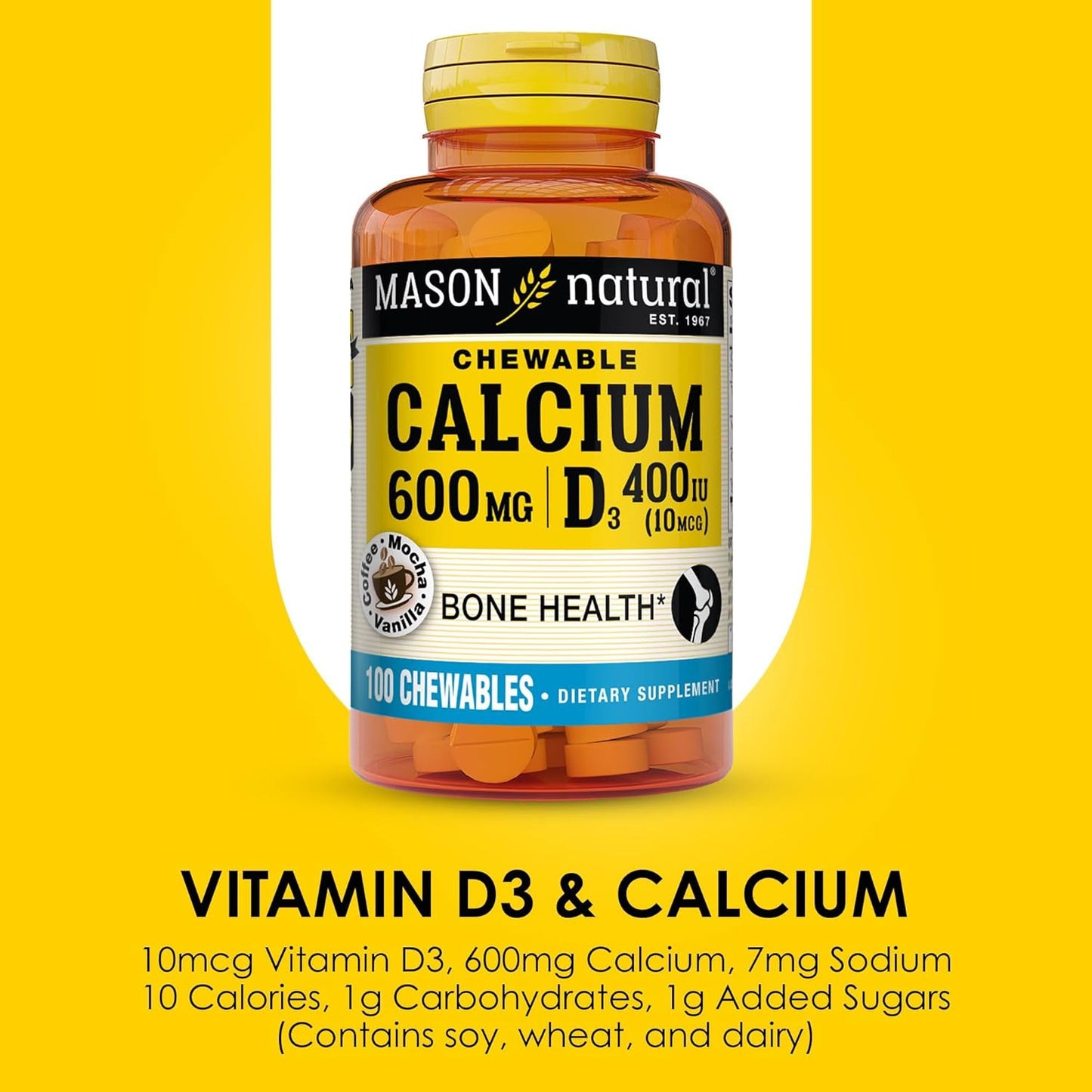 MASON NATURAL Calcium 600 mg with Vitamin D3 Chewables - Bone and Muscle Support, Coffee Mocha Flavor, 300 Count