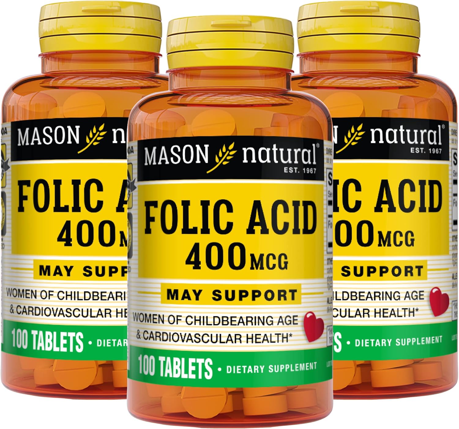 MASON NATURAL Folic Acid 400 mcg Tablets for Women, Supports Nervous System, Health, Mood & Prenatal Care, Pack of 300 Tablets