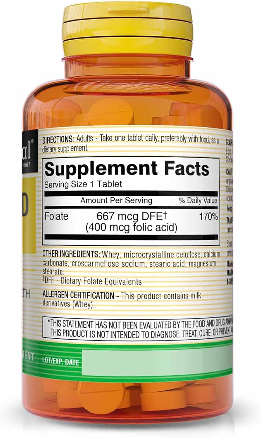 MASON NATURAL Folic Acid 400 mcg Tablets for Women, Supports Nervous System, Health, Mood & Prenatal Care, Pack of 300 Tablets