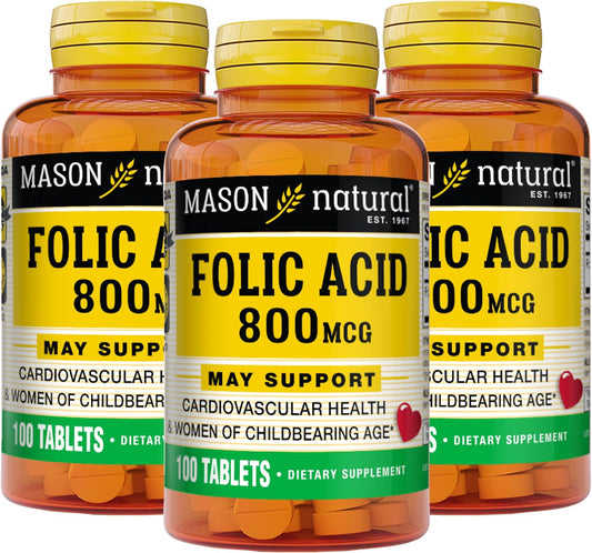 MASON NATURAL Folic Acid 800 mcg Tablets - Supports Nervous System, Women's Health, Mood, Prenatal Care - Pack of 300 Tablets