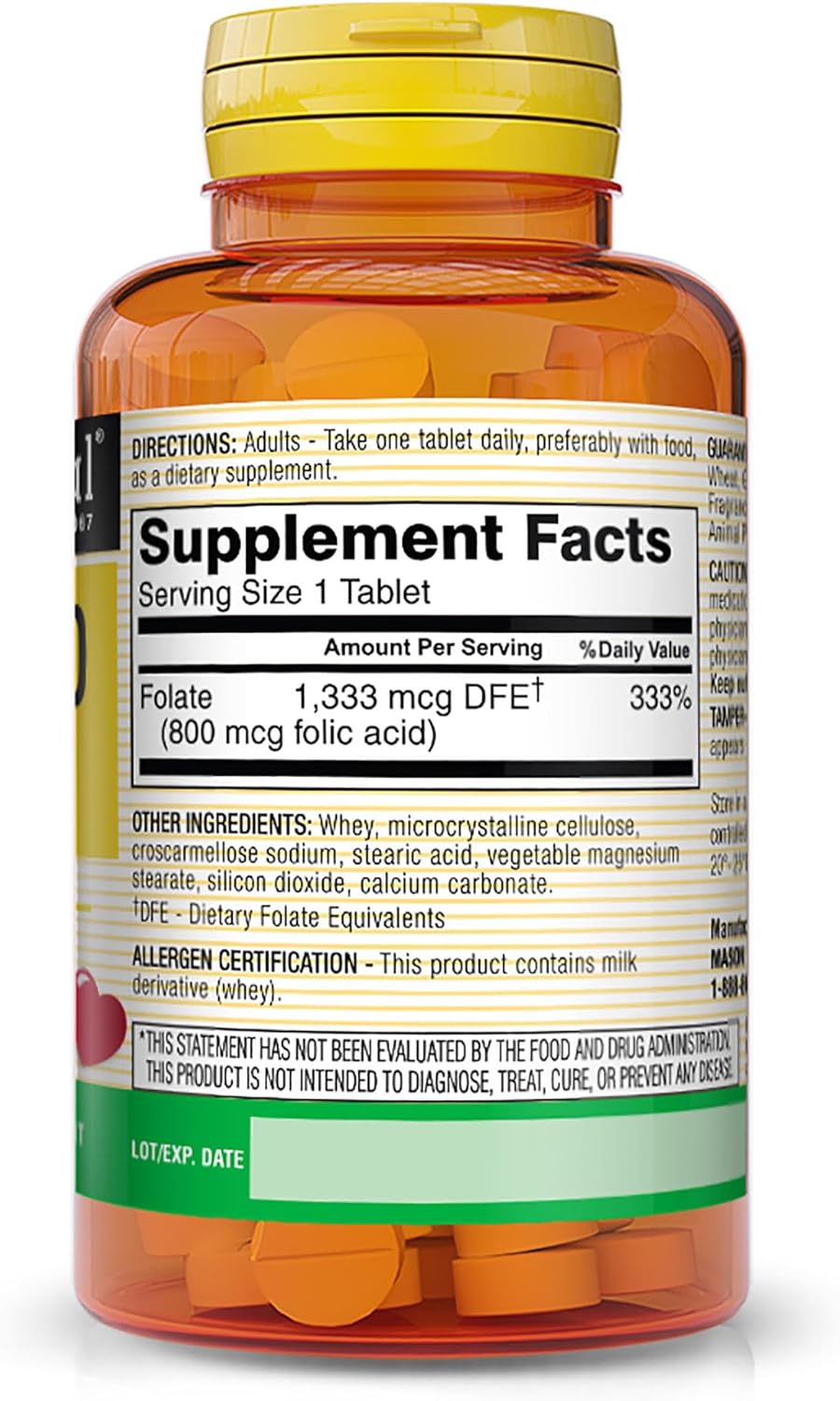 MASON NATURAL Folic Acid 800 mcg Tablets - Supports Nervous System, Women's Health, Mood, Prenatal Care - Pack of 300 Tablets