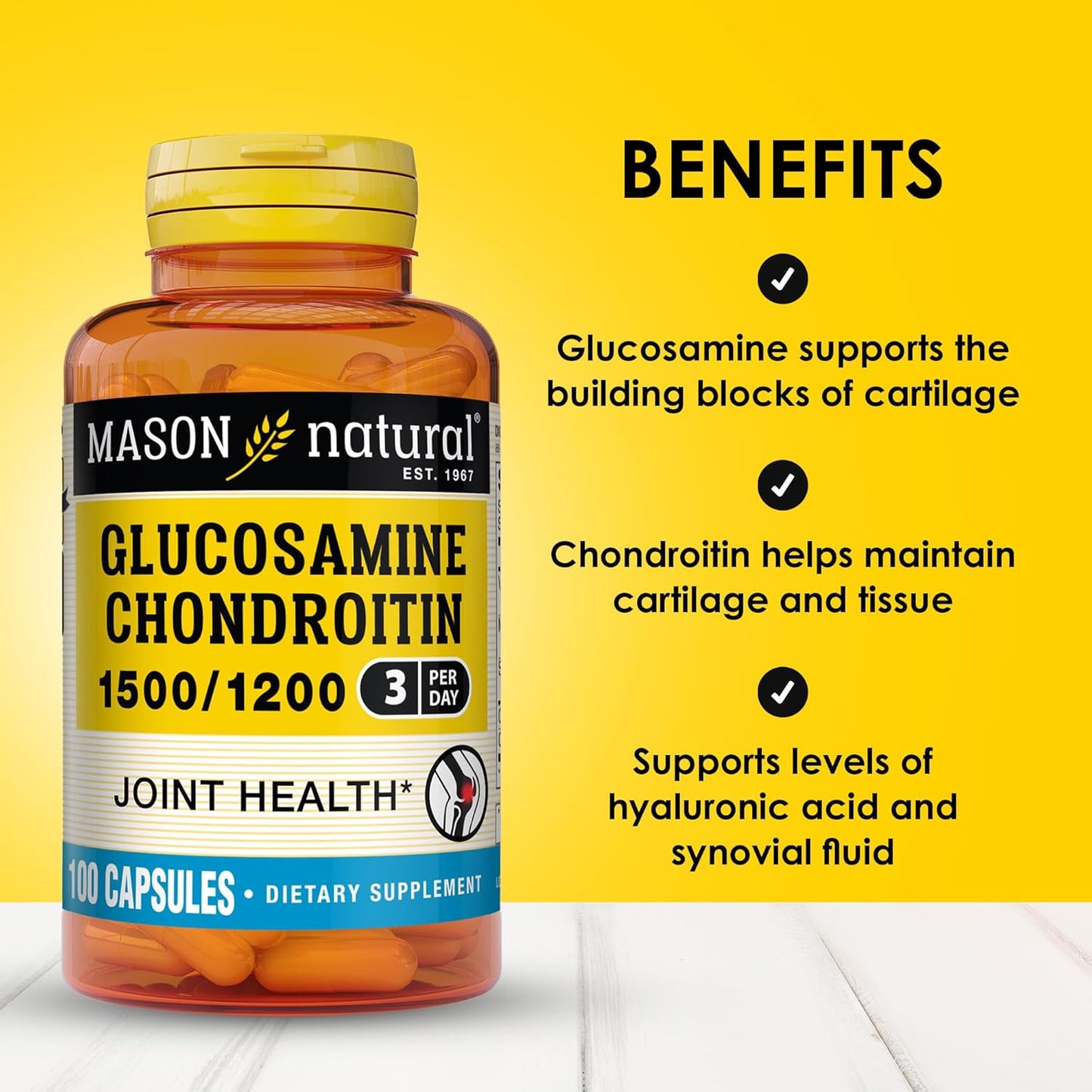 MASON NATURAL Glucosamine Chondroitin 1500/1200 + Vitamin C - Joint Health Support, Flexibility & Mobility - 100 Capsules