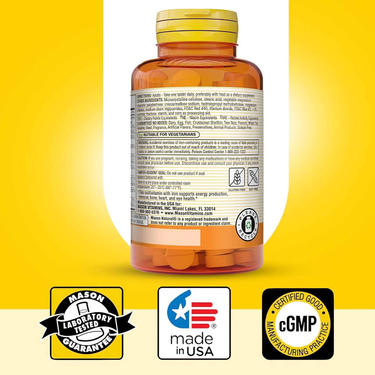 MASON NATURAL Iron & Multivitamin Daily Mini Supplements with Vitamins A, C, D, E, B1, B2, B3, B6, B12, Folate, and Calcium - 100 Day Supply (3-Pack)