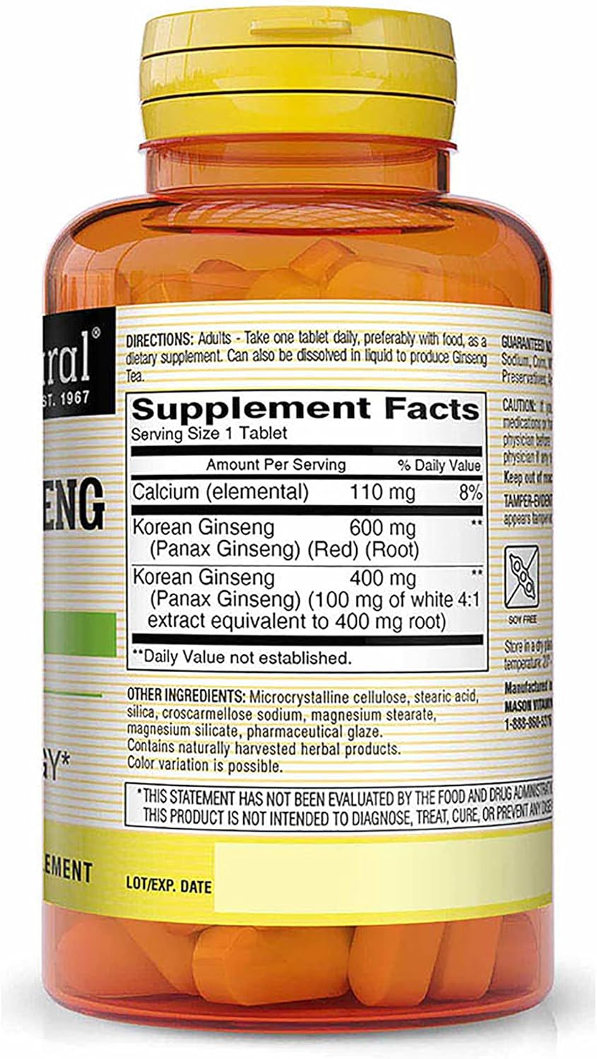 MASON NATURAL Korean Ginseng 1000mg Tablets - Premium Mason Vitamins