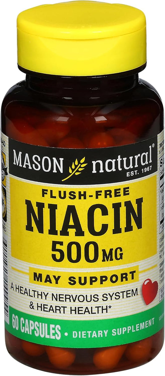 MASON NATURAL Niacin 500 mg Flush-Free Capsules for Heart Health, Nervous System, and Energy Production - 60 Count