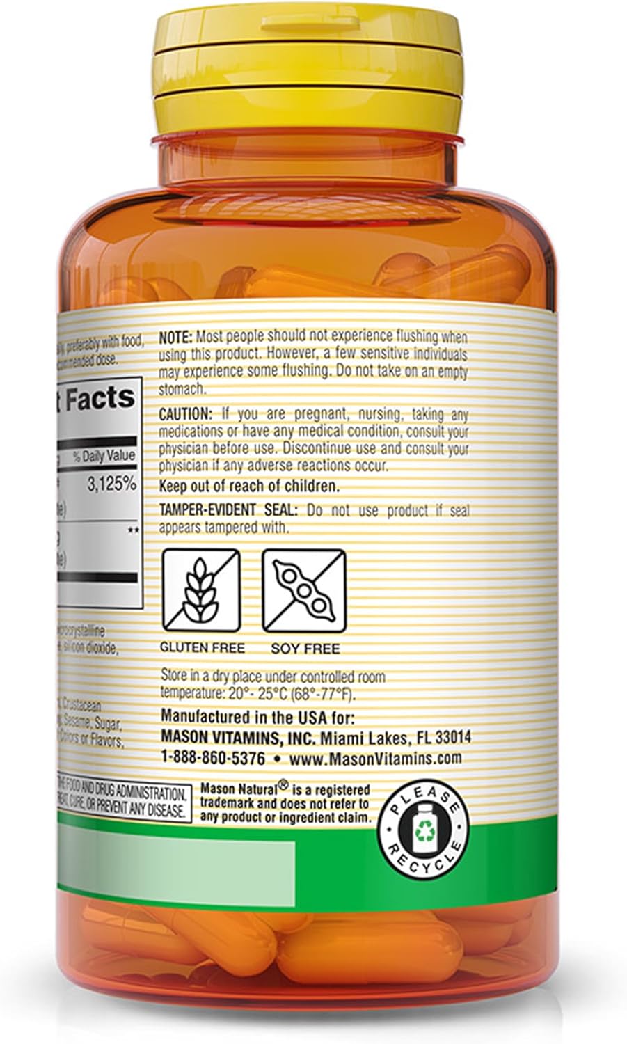 MASON NATURAL Niacin 500 mg Flush-Free Capsules for Heart Health, Nervous System, and Energy Production - 60 Count