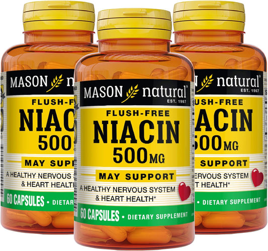 Mason Natural Niacin 500mg Capsules for Heart Health & Energy, 60ct (Pack of 3) - Flush-Free Supplement for Nervous System