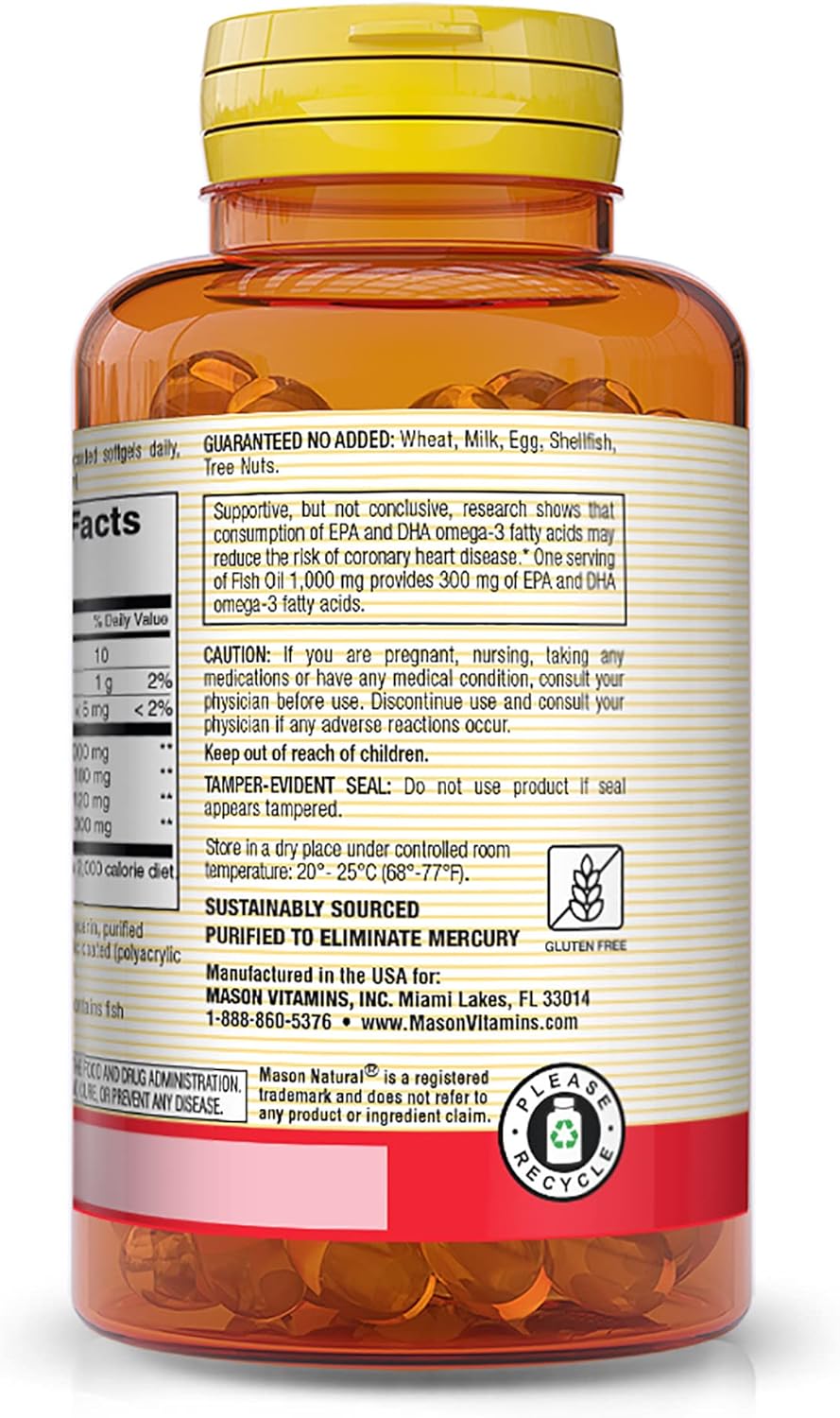 MASON NATURAL No Burp Fish Oil Softgels - 1000mg Omega-3 for Heart Health, Circulatory Support - 540 Total Softgels