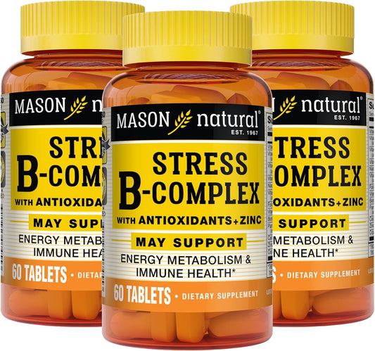 MASON NATURAL Stress B-Complex with Antioxidants, Zinc, Dual Action Formula, Supports Energy and Immune Health, 6 Month Supply - 3 Pack - BoostGo Australia