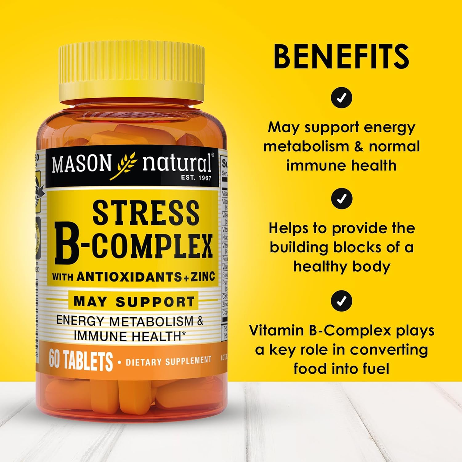 MASON NATURAL Stress B-Complex with Antioxidants, Zinc, Dual Action Formula, Supports Energy and Immune Health, 6 Month Supply - 3 Pack - BoostGo Australia