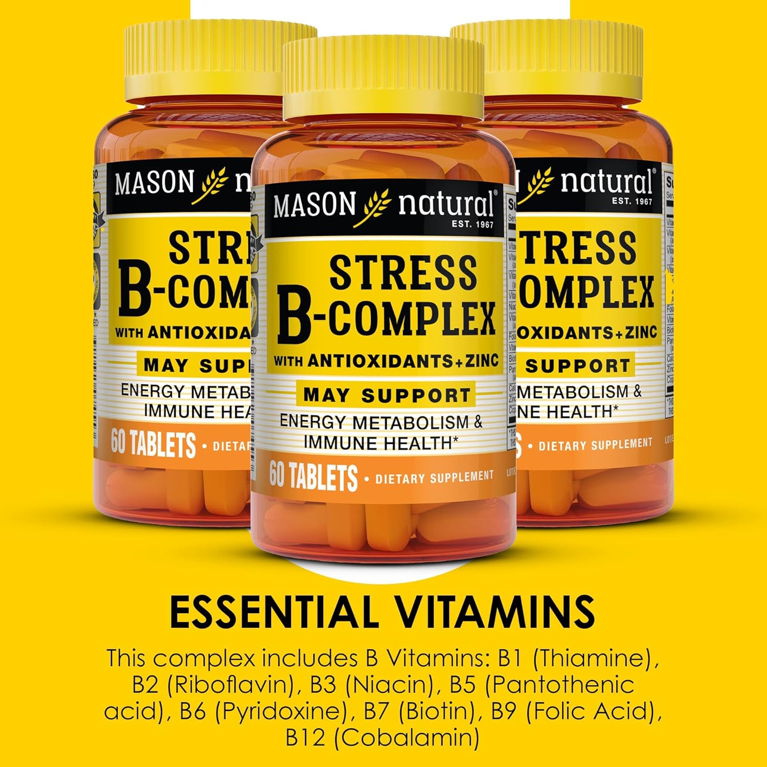 MASON NATURAL Stress B-Complex with Antioxidants, Zinc, Dual Action Formula, Supports Energy and Immune Health, 6 Month Supply - 3 Pack - BoostGo Australia