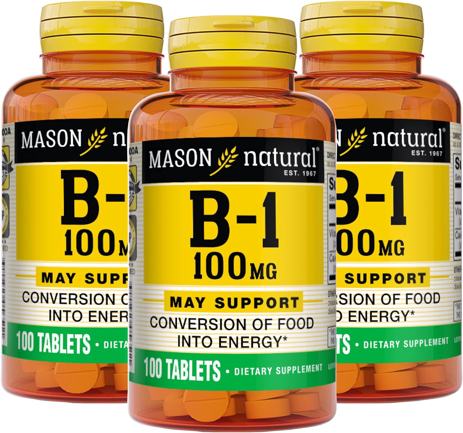 MASON NATURAL Vitamin B1 100 mg Tablets - Support Energy Conversion, Nerve & Immune Health (Pack of 3)